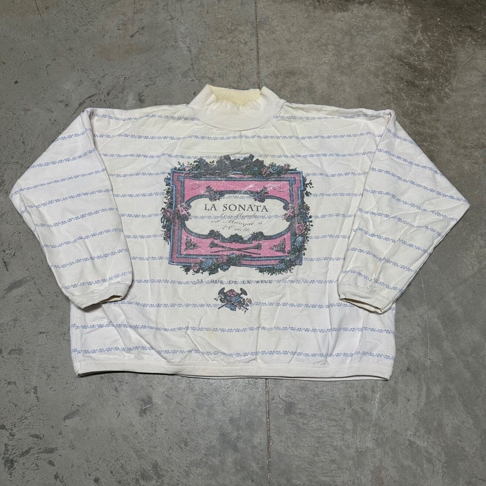 Vintage La Sonata Sweatshirt Adult Large White‎ Pullover Pin Stripe